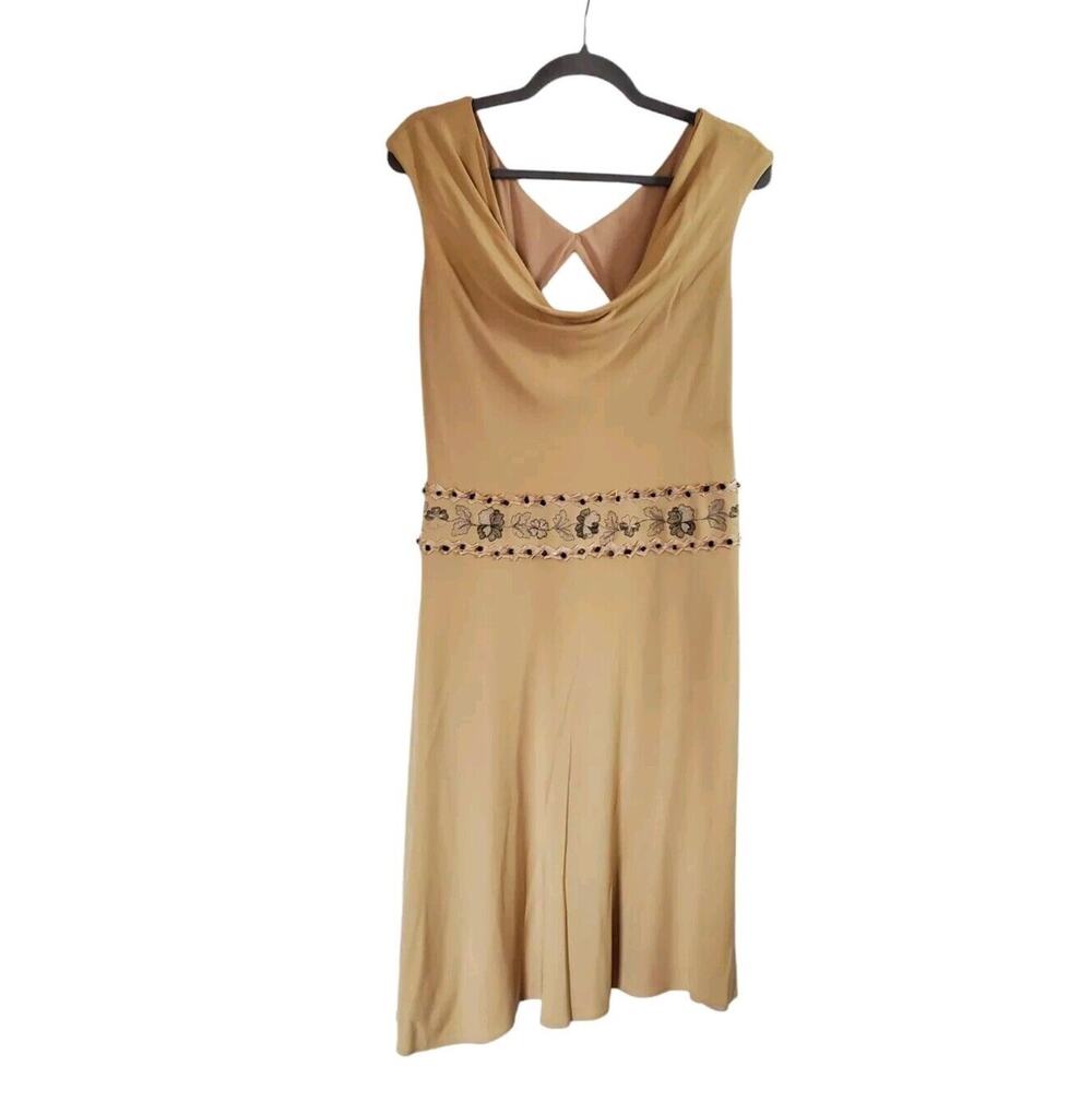 Phoebe Couture Mustard Yellow Embroidered Beaded Ribbon Midi Dress, Size 12